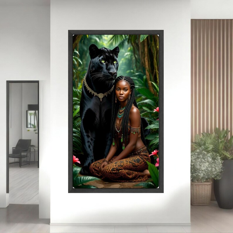 Majestic Black Panther and Tribal Woman Canvas, Exotic Jungle Wall Art, Ethnic Portrait Decor, Powerful Wildlife and Nature Canvas, African image 8