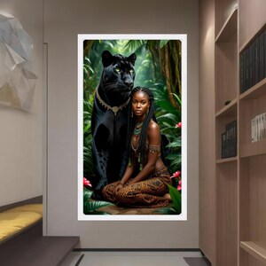 Majestic Black Panther and Tribal Woman Canvas, Exotic Jungle Wall Art, Ethnic Portrait Decor, Powerful Wildlife and Nature Canvas, African White Frame