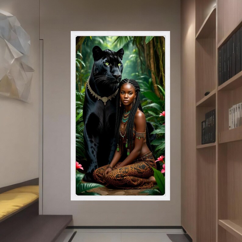 Majestic Black Panther and Tribal Woman Canvas, Exotic Jungle Wall Art, Ethnic Portrait Decor, Powerful Wildlife and Nature Canvas, African White Frame