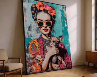 Lienzo vibrante con retrato de Frida, mujer colorida con perro, lienzo de arte pop moderno, arte de pared con tocado floral, decoración moderna y atrevida para el hogar.