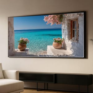 Mittelmeer-Meerblick, Küstenwohndekor, rustikale weiße Häuschen-Wandkunst, türkisfarbene Ozeanlandschaft, Blumentopf-Leinwandkunst, entspannend Bild 1