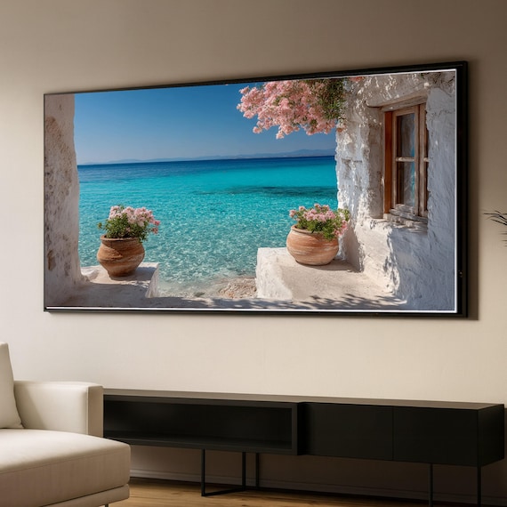 Mediterranean Sea View Canvas, Coastal Home Decor, Rustic White Cottage Wall Art, Turquoise Ocean Landscape, Floral Pot Canvas Art, Relaxing