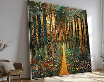 Gustav Klimt Forest Path Canvas Print, Gold Accents, Floral Meadow Wall Art