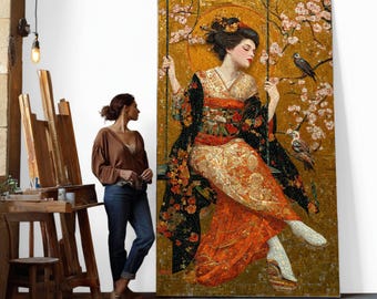 Elegant Geisha on Swing Mosaic Canvas, Japanese Kimono Wall Art, Cherry Blossom Bird Design, Asian Cultural Decor, Ready to Hang Canvas