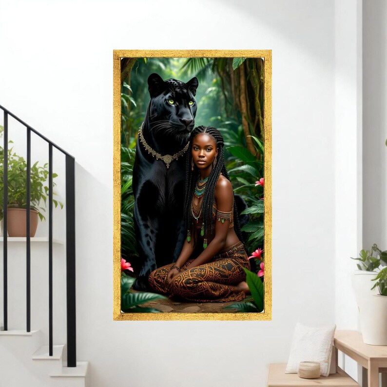 Majestic Black Panther and Tribal Woman Canvas, Exotic Jungle Wall Art, Ethnic Portrait Decor, Powerful Wildlife and Nature Canvas, African Gold Frame