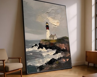 Coastal Lighthouse Canvas Wall Art, Ocean Cliff Landscape Painting, Seaside Home Decor, Impasto Style, Nautical Wall Decoration