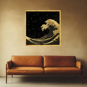 Golden Ocean Wave Canvas, Starry Night Sky Art, Modern Sea Landscape Print Gold Frame