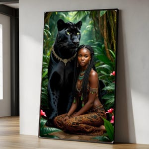 Majestic Black Panther and Tribal Woman Canvas, Exotic Jungle Wall Art, Ethnic Portrait Decor, Powerful Wildlife and Nature Canvas, African image 1