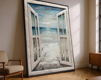 Quadro su tela con finestra aperta, vista sulla spiaggia, paesaggio costiero, dipinto su tela con oceano e cielo, decorazione murale con scena naturale