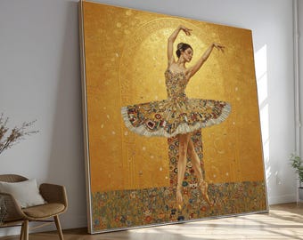 Elegant Ballet Dancer Canvas Wall Art, Gustav Klimt Style, Gold Toned Ballet Painting, Decorative Dance Art Print, Modern Home Decor