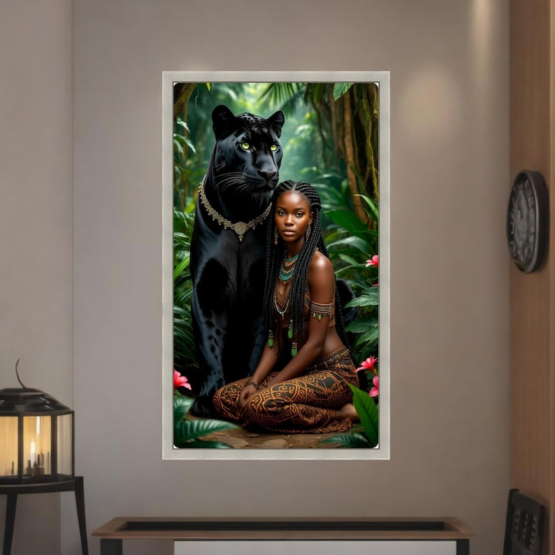 Majestic Black Panther and Tribal Woman Canvas, Exotic Jungle Wall Art, Ethnic Portrait Decor, Powerful Wildlife and Nature Canvas, African Silver Frame