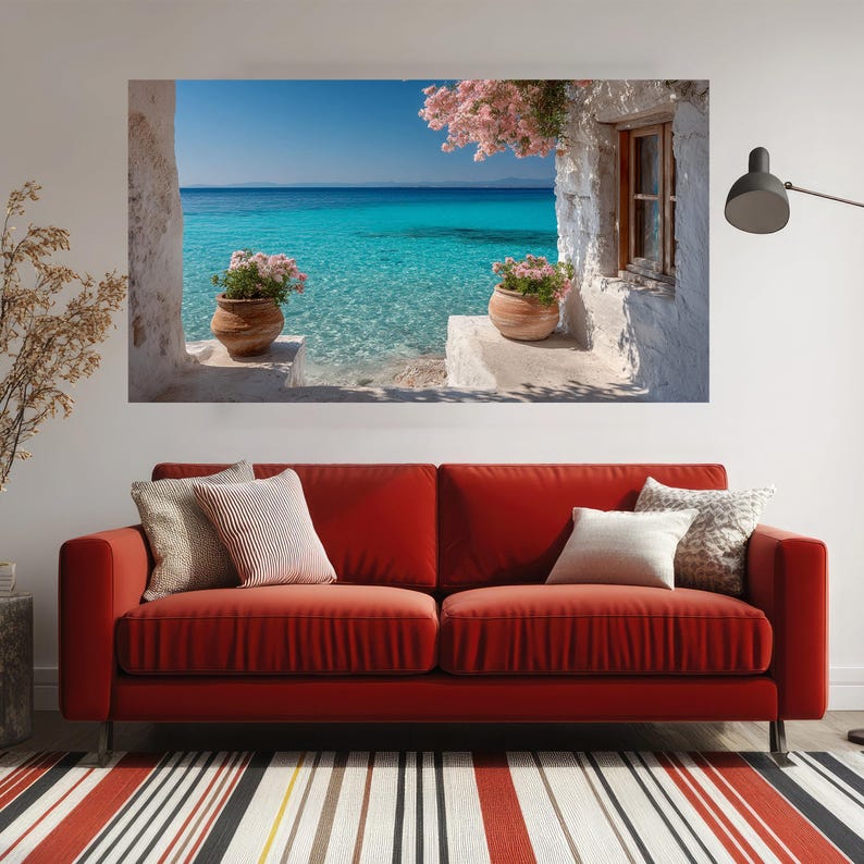Mittelmeer-Meerblick, Küstenwohndekor, rustikale weiße Häuschen-Wandkunst, türkisfarbene Ozeanlandschaft, Blumentopf-Leinwandkunst, entspannend Bild 8