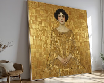 Gustav Klimt Style Golden Portrait Canvas, Art Nouveau Wall Art, Decorative Female Figure, Luxurious Abstract Canvas, Elegant Home