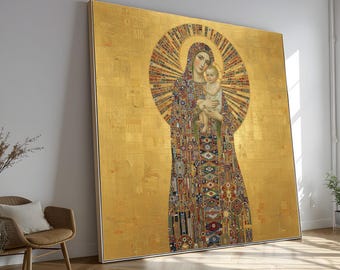 グスタフ・クリムト - 黄金の聖母の抱擁、華やかなモザイクの光背