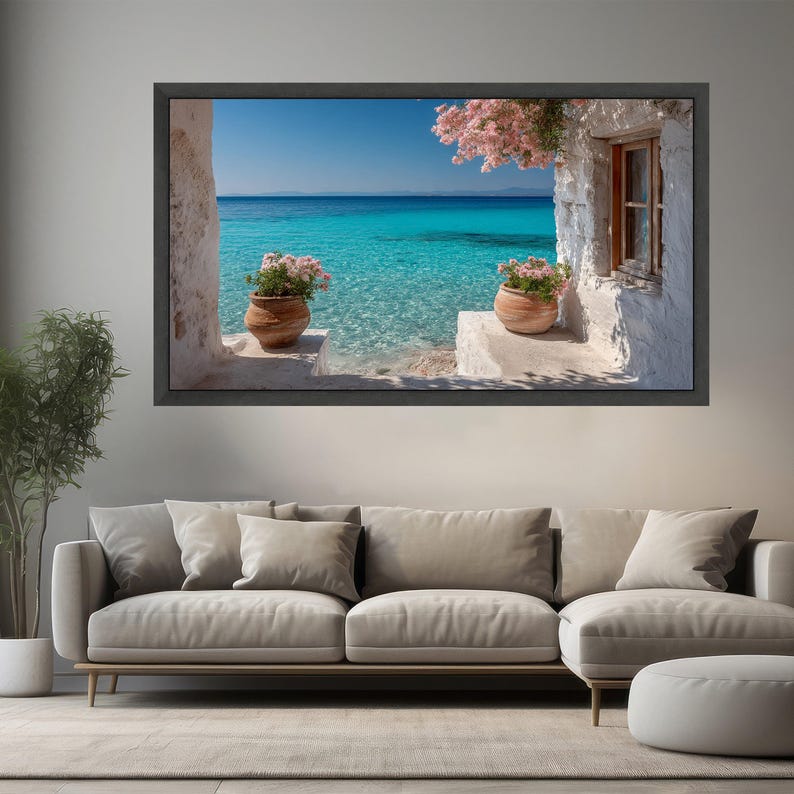 Mittelmeer-Meerblick, Küstenwohndekor, rustikale weiße Häuschen-Wandkunst, türkisfarbene Ozeanlandschaft, Blumentopf-Leinwandkunst, entspannend Bild 4
