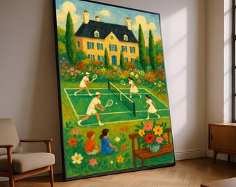 Lienzo con escena de tenis de jardín vintage, arte mural deportivo y floral, decoración acogedora para el hogar rural, pintura alegre de actividades al aire libre