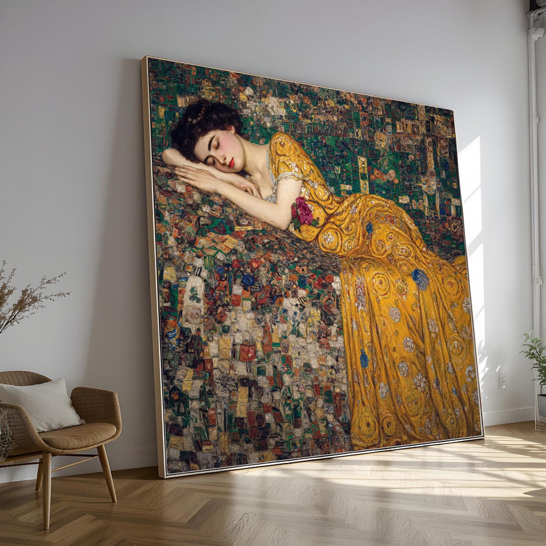 Klimt Style Art Print, Sleeping Woman in Yellow Dress Canvas - Etsy