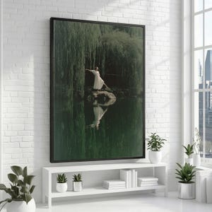 Graceful Woman White Dress, Willow Tree Canvas, Serene Nature Reflection, Peaceful Water Scene, Elegant Home Wall Art