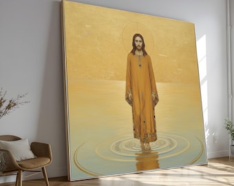 Jesus Christ Canvas Wall Art, Gustav Klimt Style Religious Painting, Gold Toned Spiritual Artwork, Inspirational Home Decor, Christian Faith