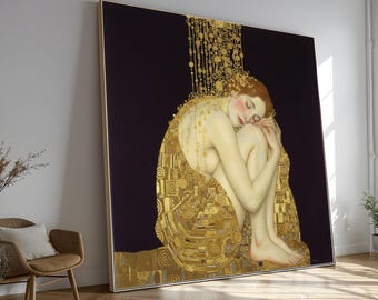 Gustav Klimt Sleeping Woman Canvas, Golden Decorative Art, Elegant Figurative Wall Art, Modern Classic Canvas Decor