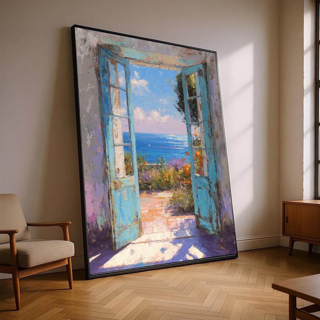 Coastal View Through Blue French Doors Canvas, Seaside Garden Wall Art ...