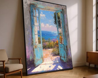 Blick durch Blaue Französische Türen Leinwand, Meer Garten Wand Kunst, Mediterrane Landschaftsmalerei, Outdoor Szene Leinwand, Haus
