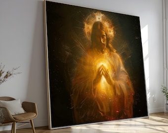 May include: Large framed artwork depicting a religious figure with a glowing aura. The figure is dressed in flowing robes, with hands clasped in prayer. The artwork features warm, golden tones against a dark background, creating a dramatic and spiritual ambiance.