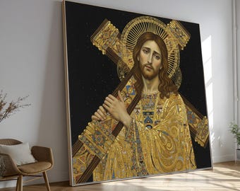Gustav Klimt Christ Carrying Cross Canvas, Religious Wall Art, Golden Ornate Icon Painting, Spiritual Decor, Ready to Hang Christian Canvas