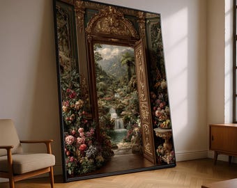 Verzierte Goldene Tür Leinwand, Elegante Blumen Innenwand Kunst, Wasserfall Garten Landschaft, Klassische Barock Stil Wohnkultur, Bereit zum Aufhängen