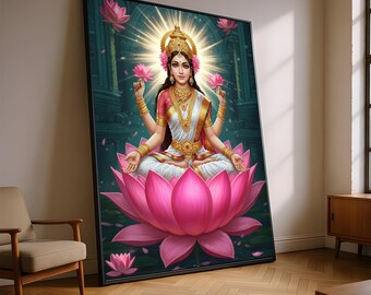 Goddess Lakshmi Canvas Wall Art, Spiritual Hindu Deity Painting, Lotus Flower Mandala Decor, Meditation Room Canvas, Indian Culture Artwork