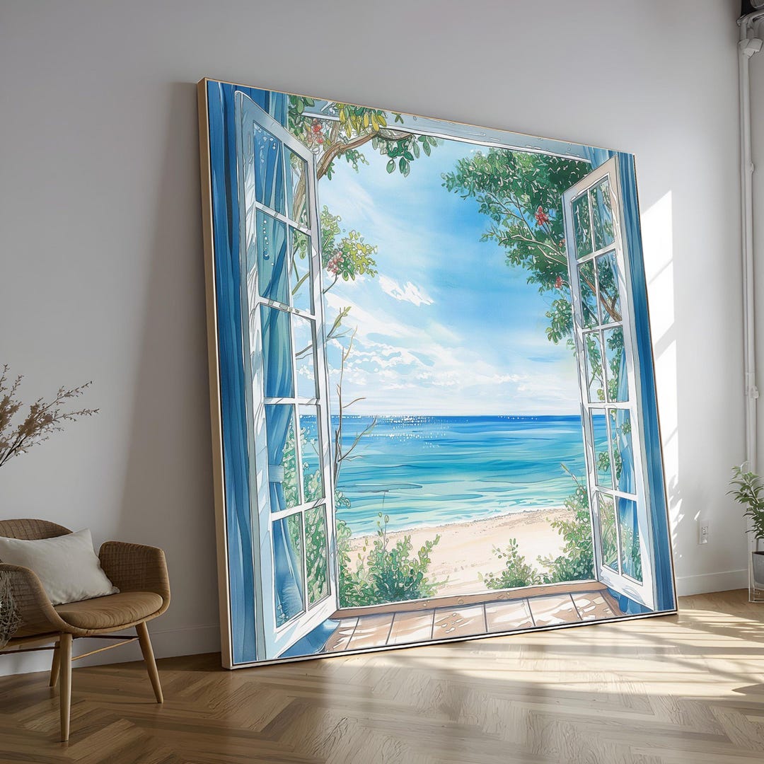 Ocean View Through Open Window Canvas, Seaside Beach Landscape Wall Art ...