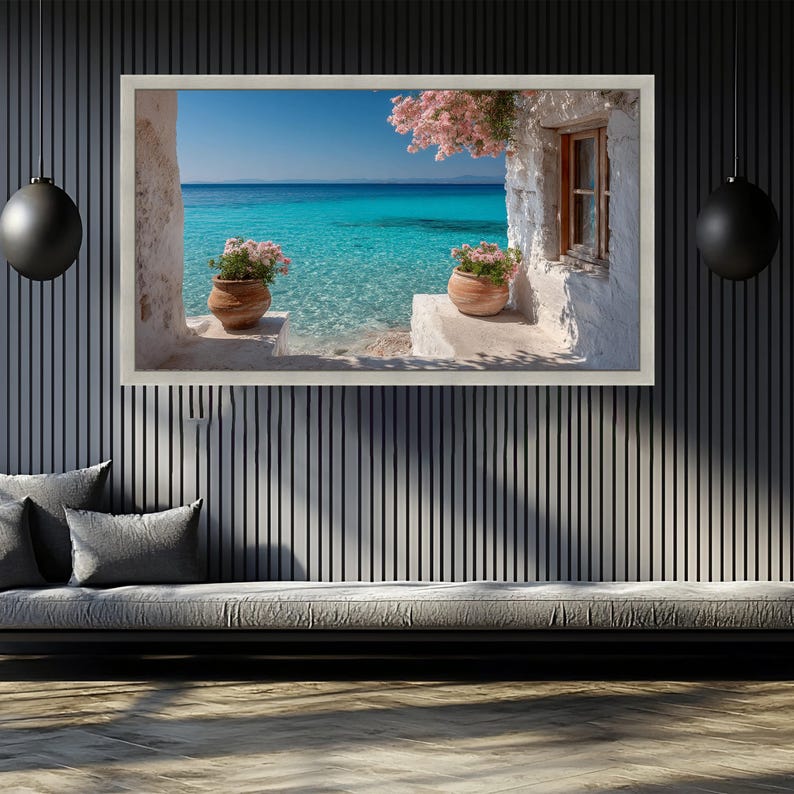 Mittelmeer-Meerblick, Küstenwohndekor, rustikale weiße Häuschen-Wandkunst, türkisfarbene Ozeanlandschaft, Blumentopf-Leinwandkunst, entspannend Bild 9