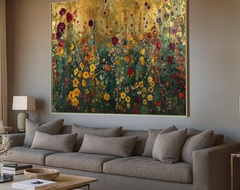 Gustav Klimt Wildflower Canvas, Vintage Floral Wall Art, Gold Leaf Botanical Painting, Nature Garden Canvas Decoration