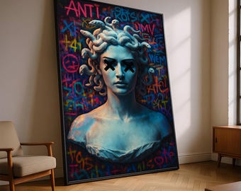Lienzo con estatua moderna de Medusa, grafiti callejero, decoración urbana, arte mitológico en lienzo, decoración contemporánea para el hogar.