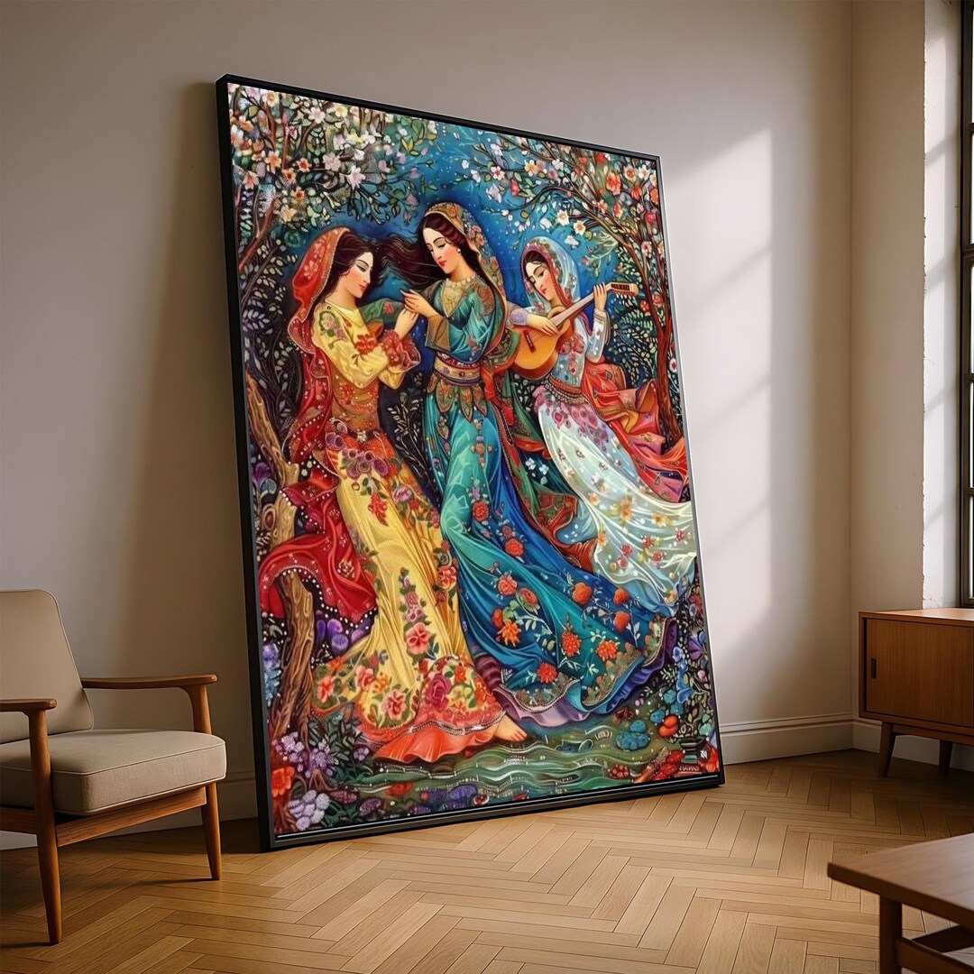 Vibrant Persian Women Dance Canvas, Floral Traditional Dress Wall