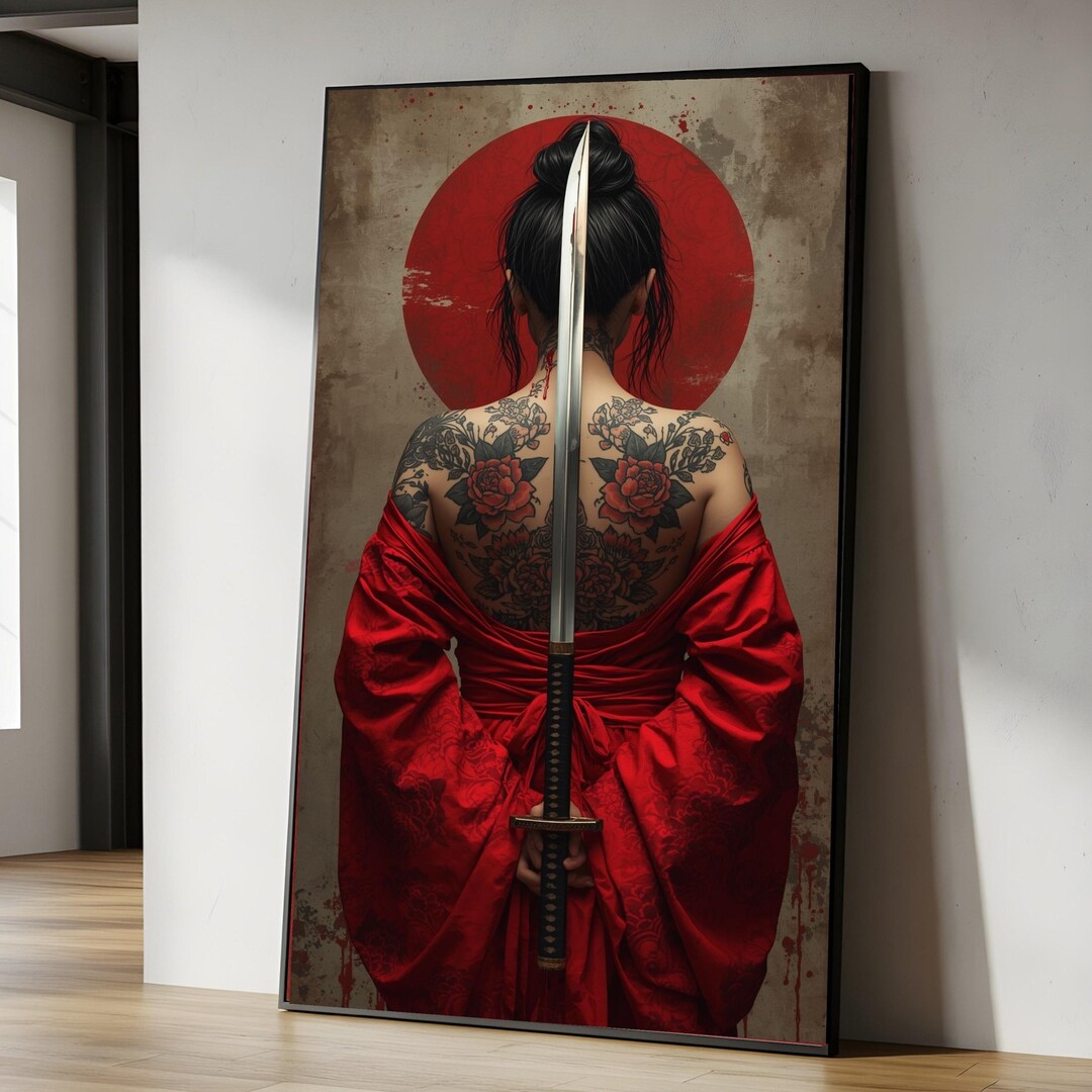 Samurai Woman With Katana Sword Canvas, Japanese Tattoo Art, Red Kimono ...
