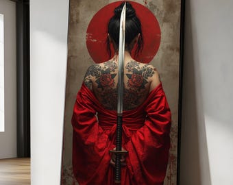 Samurai Woman with Katana Sword Canvas, Japanese Tattoo Art, Red Kimono Wall Decor, Asian Warrior Canvas, Bold Floral Back Tattoo Print