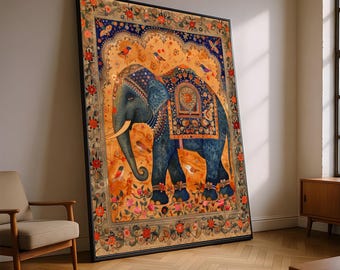 Sierlijke blauwe olifant canvas muurkunst, Indiaas traditioneel decor, bloemmotief canvas, vogel en olifant illustratie, canvas exotische dieren