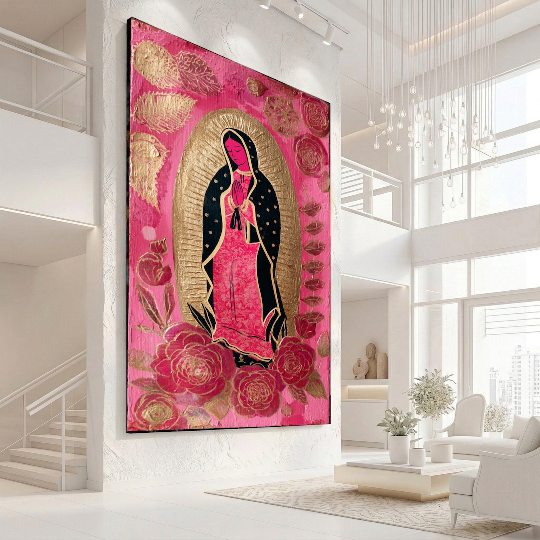 Virgin Mary Canvas Wall Art, Religious Icon Painting, Pink Gold Floral ...