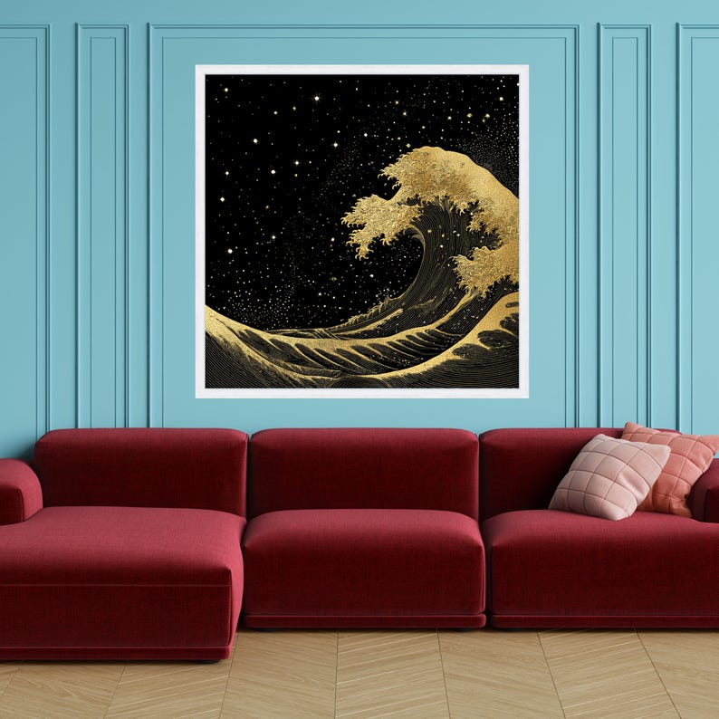 Golden Ocean Wave Canvas, Starry Night Sky Art, Modern Sea Landscape Print White Frame