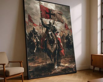Medieval Knights Templar Canvas, Warrior on Horseback Wall Art, Historic Crusader Painting, Battle Scene Home Decor, Armor and Flags Canvas