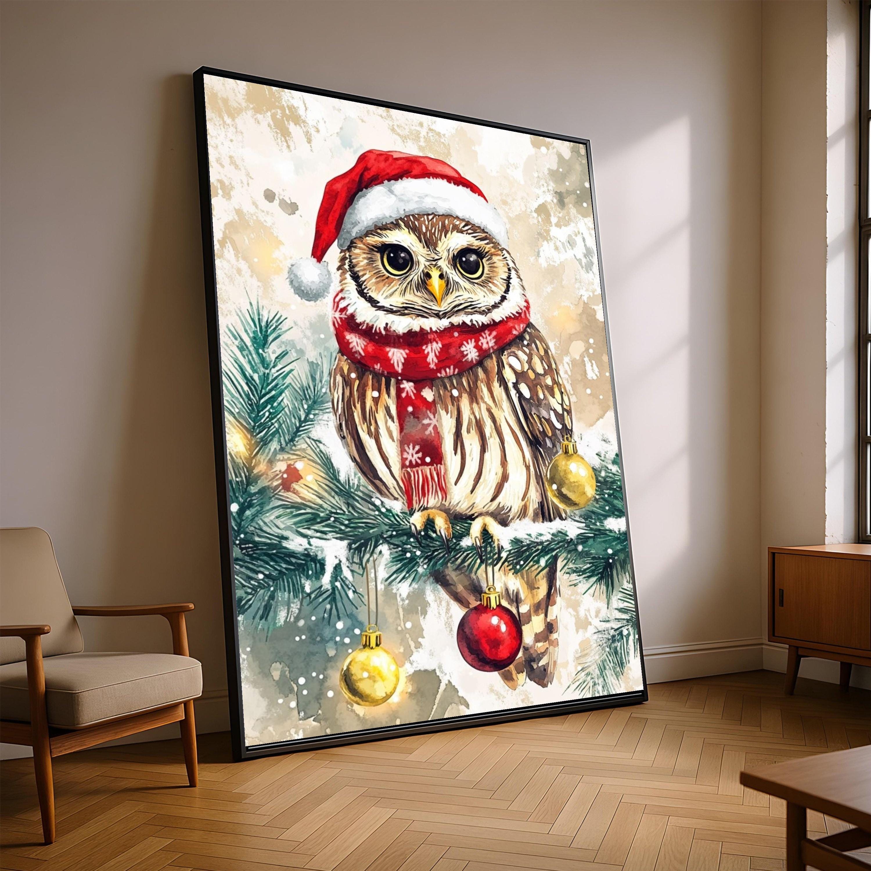 Festive Owl Canvas Wall Art, Christmas Holiday Decor, Winter Animal Painting, Santa Hat Owl Print, S