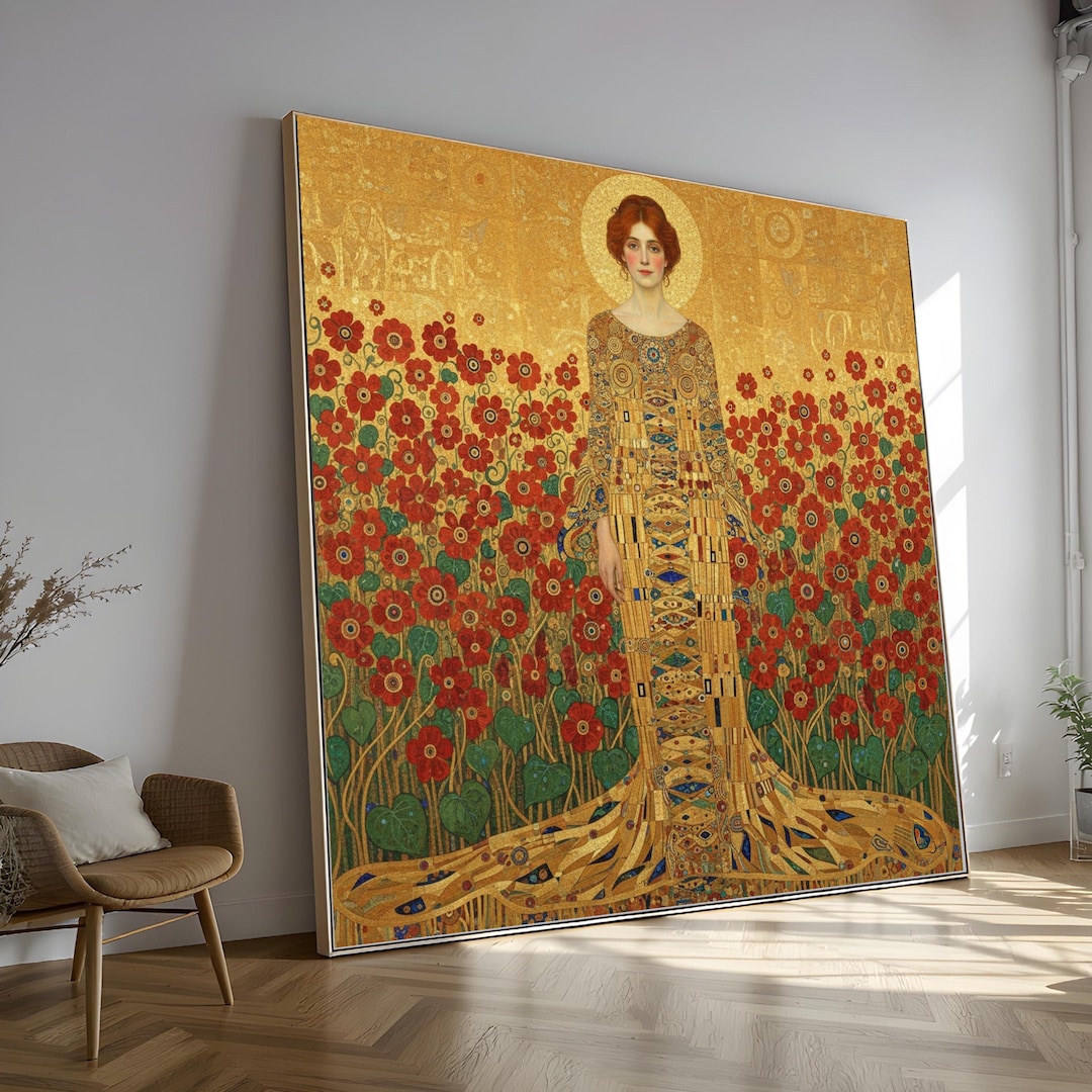 Gustav Klimt Woman in Golden Dress Canvas, Red Floral Art, Decorative ...