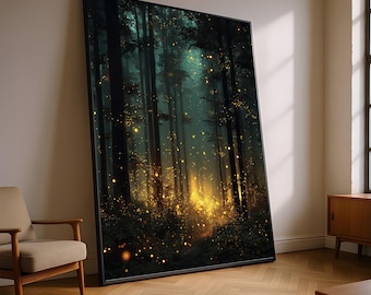 Enchanted Forest Glow, Fireflies in Woods Canvas, Magical Nightscape Wall Art, Nature Illumination Canvas, Mystical Woodland Decor