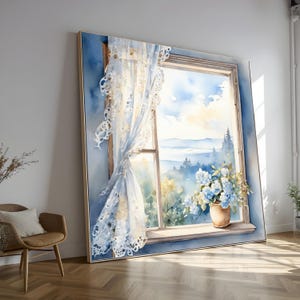 Puede incluir: Pintura a la acuarela de una escena de ventana con vista a un paisaje. El marco de la ventana es azul, con una cortina de encaje blanco. Un jarrón con flores azules está en el alféizar. Formato rectangular grande.
