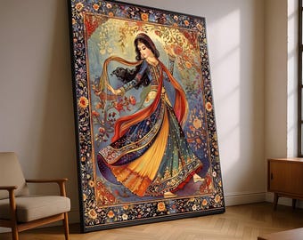 Elegante tanzende Frau Leinwand, traditionelle persische Kleid Wandkunst, floral verzierte Bordüre, kulturelle Kunstwerk Leinwand, Boho Dekoration