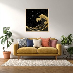 Golden Ocean Wave Canvas, Starry Night Sky Art, Modern Sea Landscape Print image 7