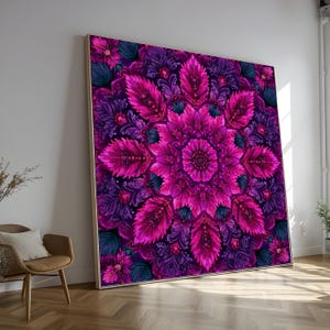 Puede incluir: Obra de arte enmarcada de gran tamaño con un diseño floral de mandala. La obra presenta un patrón simétrico con tonos de rosa, morado y azul oscuro. Los intrincados detalles crean una pieza visualmente impactante, perfecta para añadir un toque de color a cualquier espacio.