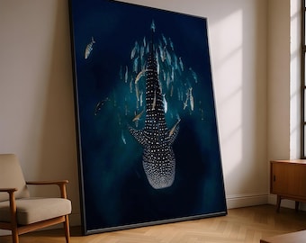 Majestueuze walvishaai canvas muurkunst, onderwater oceaanscène, zeeleven canvas, diepzeevissen decor, natuur wildlife kunst aan de muur