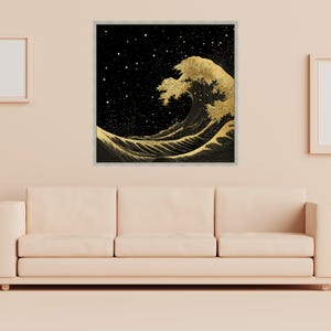 Golden Ocean Wave Canvas, Starry Night Sky Art, Modern Sea Landscape Print Silver Frame